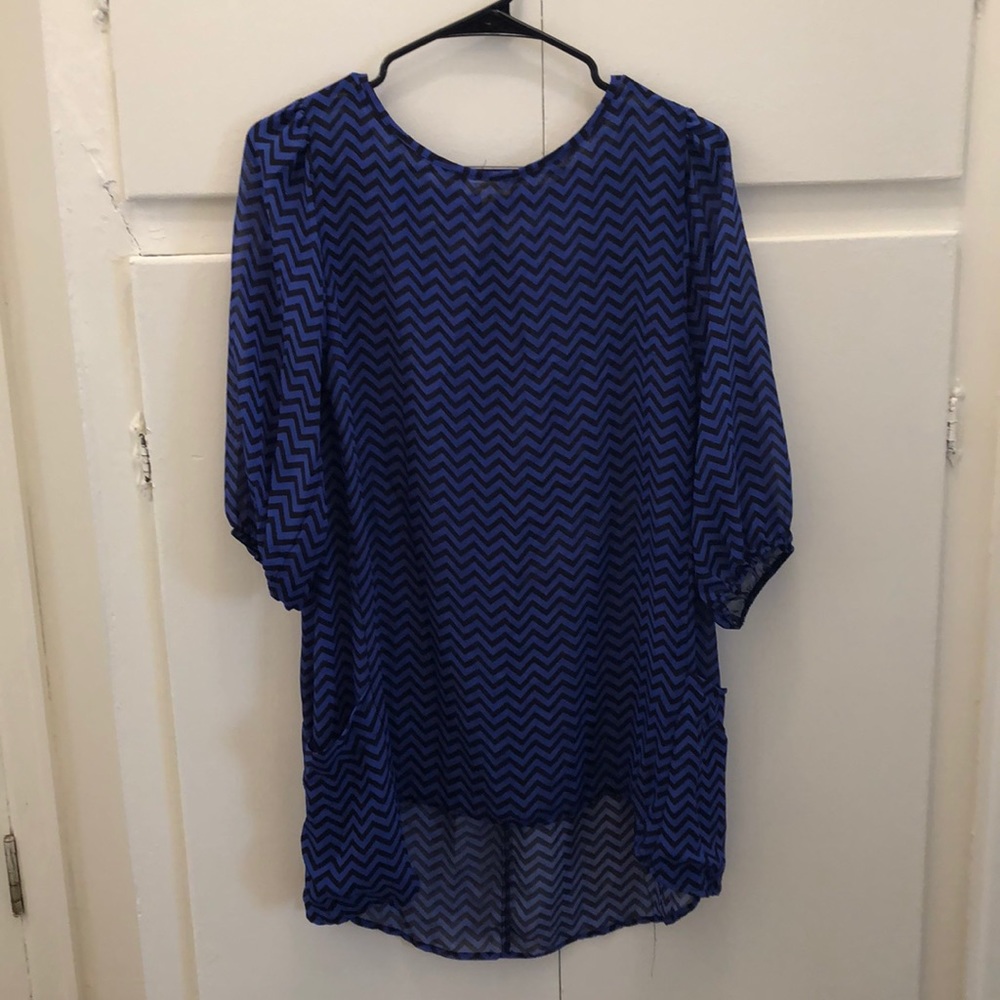 Blue and Black Chevron Pattern Top with Pockets